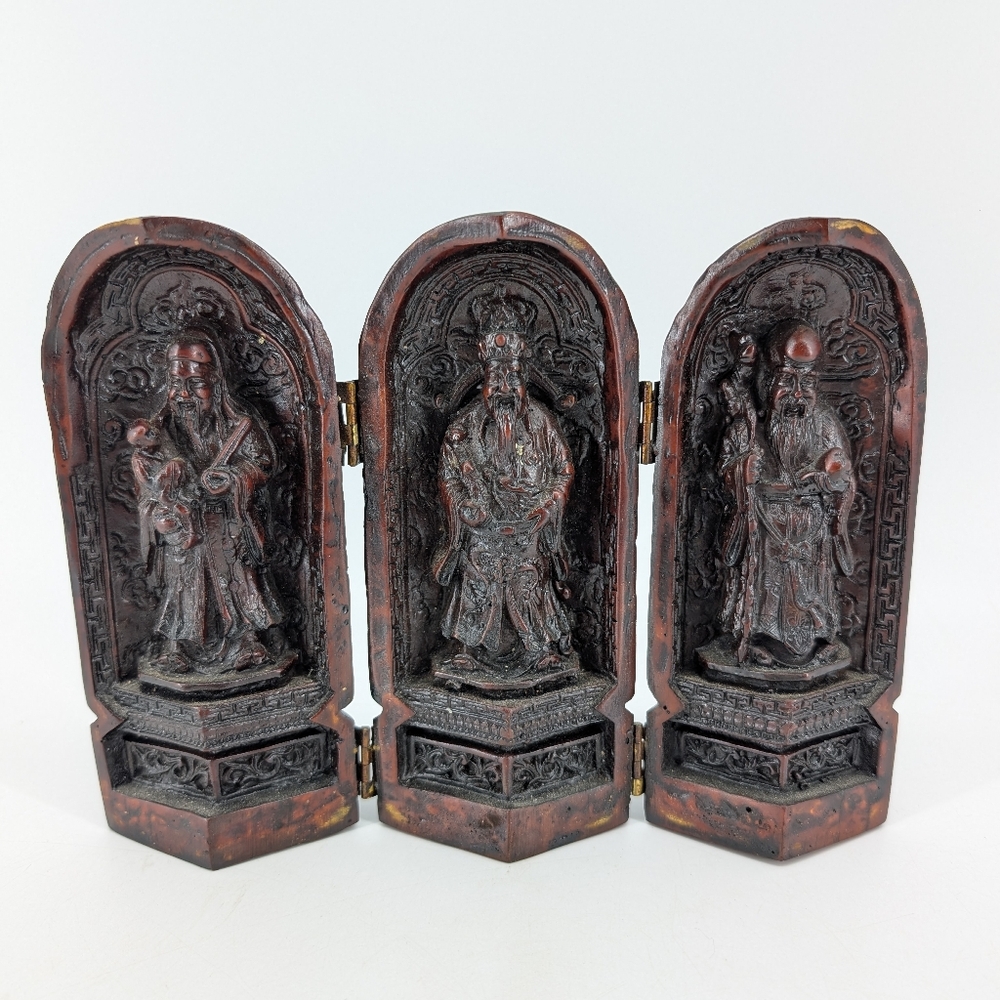 Asian hand-carved wooden triptych Sanxing Gods Fu Lu Shou Wise Men